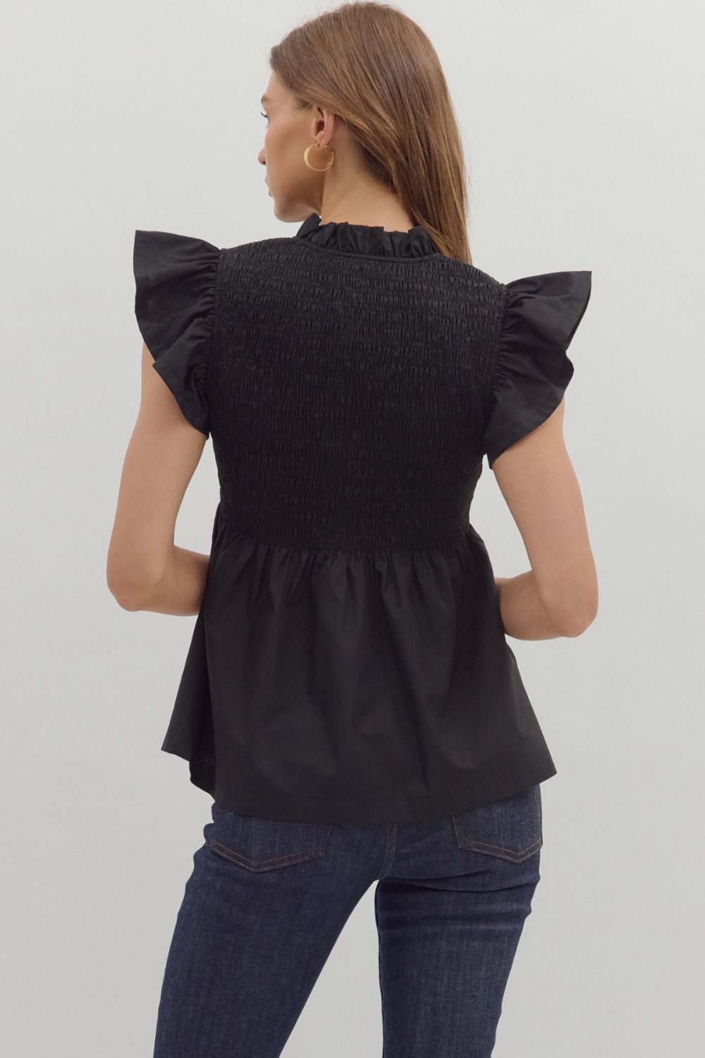 Smocked Flutter Sleeve Peplum Top | Black