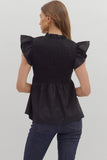 Smocked Flutter Sleeve Peplum Top | Black