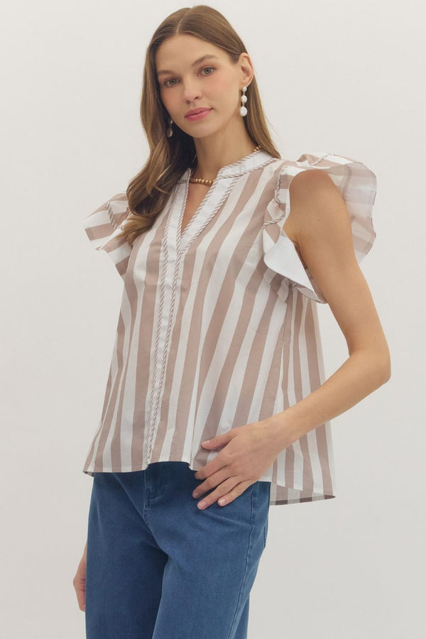 Stripe Flutter Sleeve Braided Top | Taupe