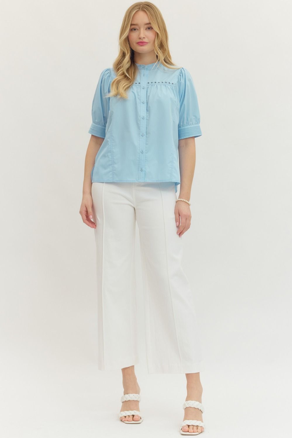 Solid Puff Sleeve Button Top | Blue