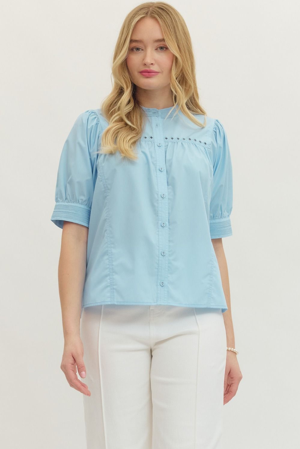 Solid Puff Sleeve Button Top | Blue