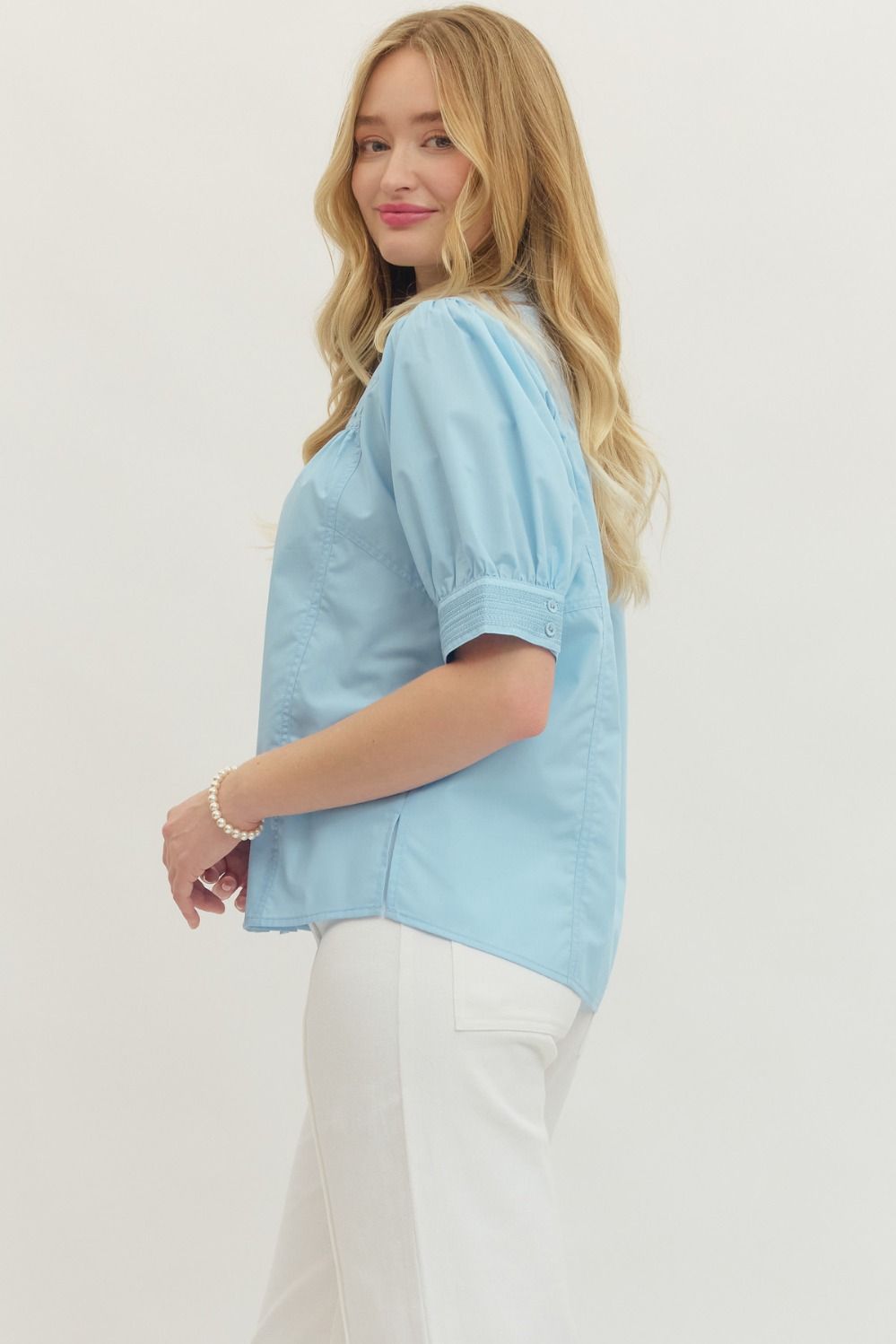 Solid Puff Sleeve Button Top | Blue
