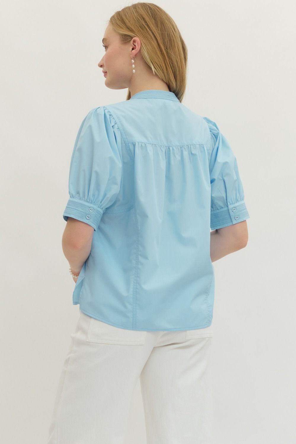 Solid Puff Sleeve Button Top | Blue