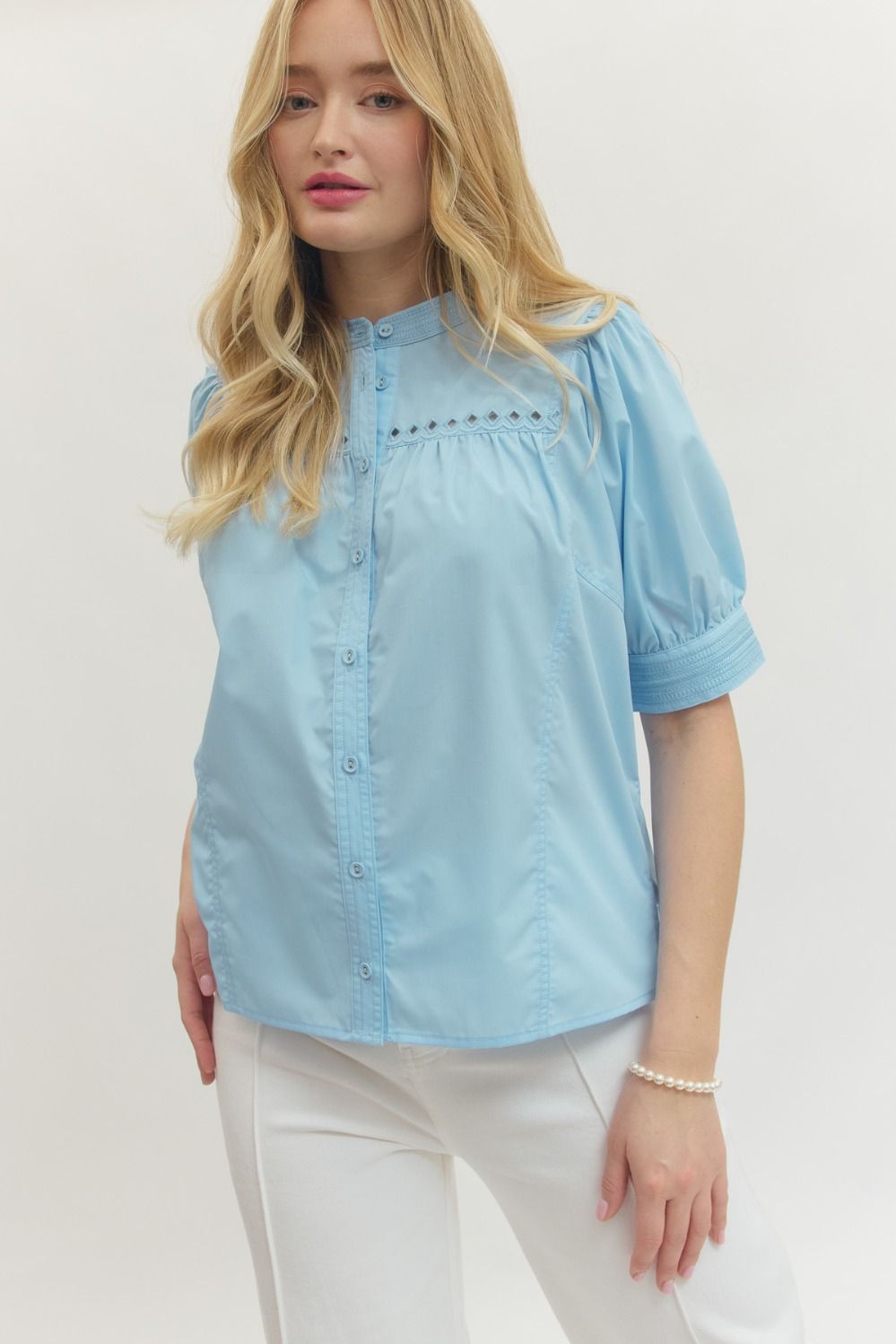 Solid Puff Sleeve Button Top | Blue