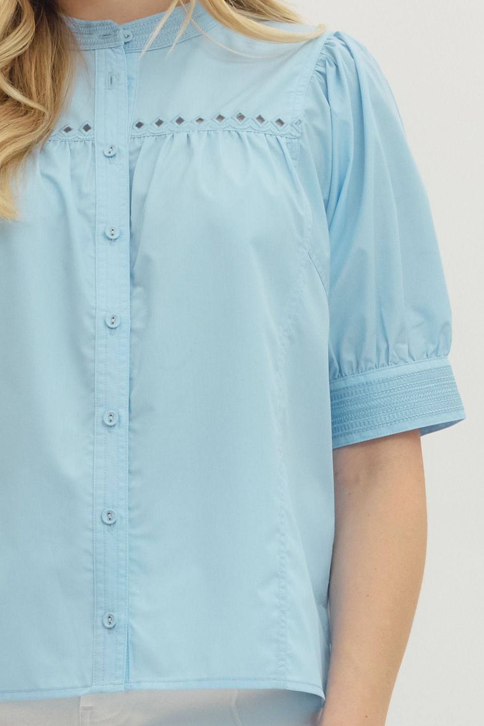Solid Puff Sleeve Button Top | Blue