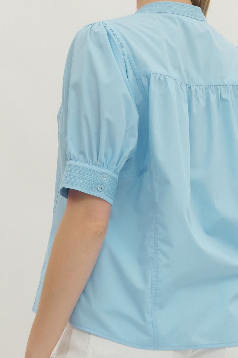 Solid Puff Sleeve Button Top | Blue