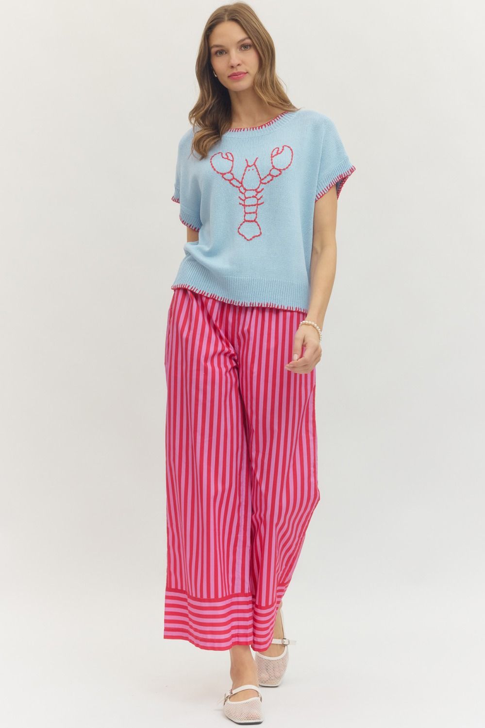 Lobster Embroidered Knit Stitch Top | Blue