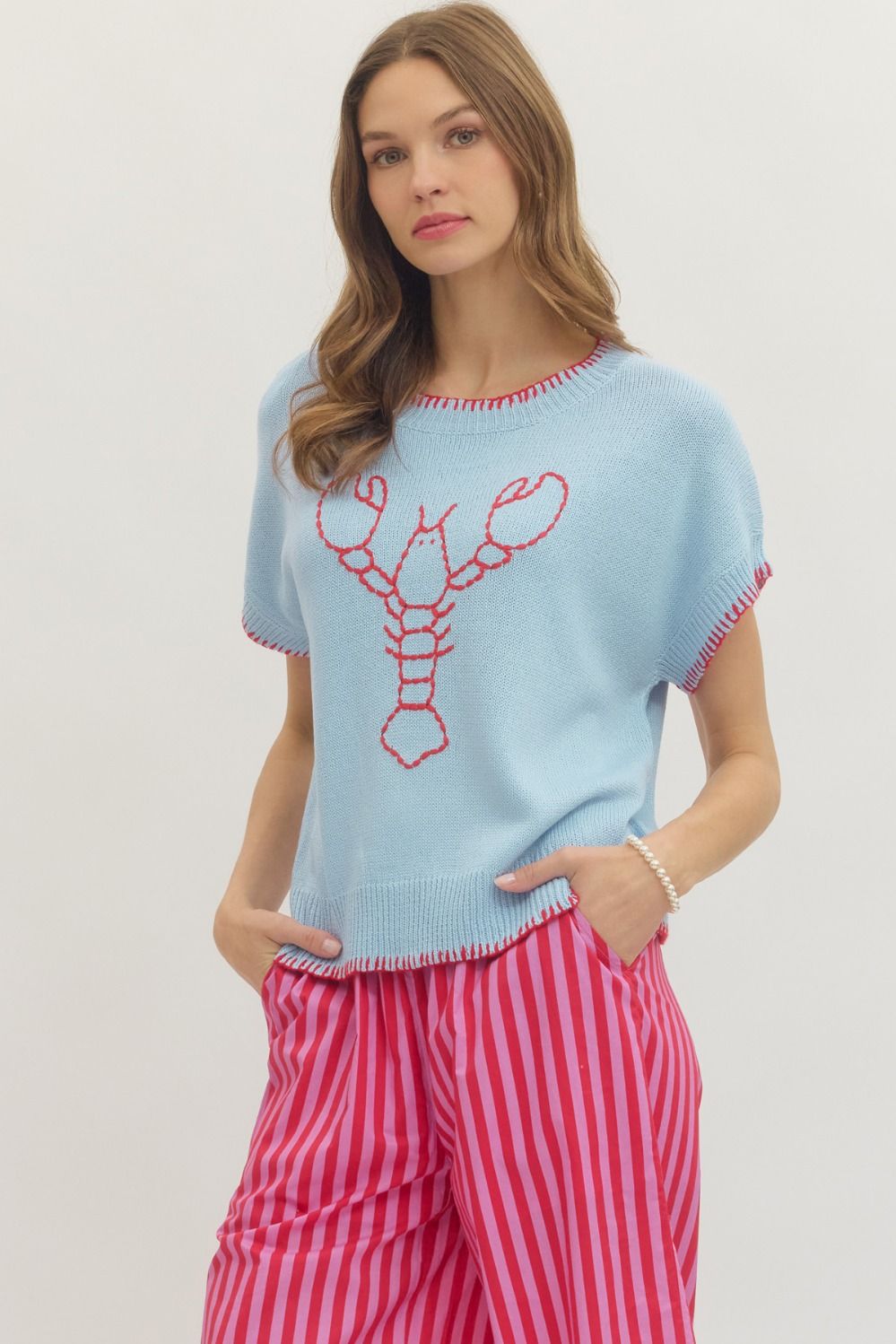 Lobster Embroidered Knit Stitch Top | Blue