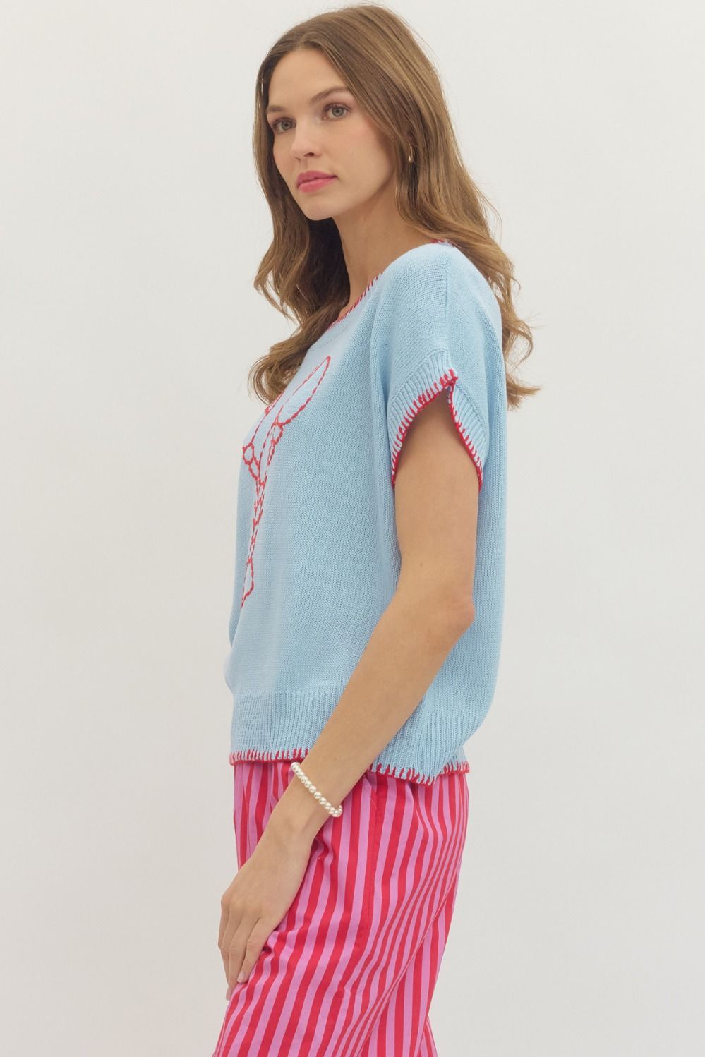 Lobster Embroidered Knit Stitch Top | Blue