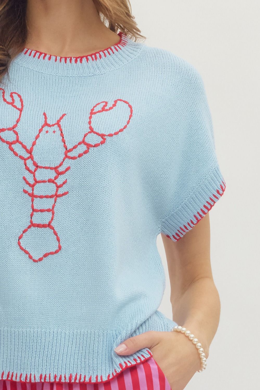 Lobster Embroidered Knit Stitch Top | Blue