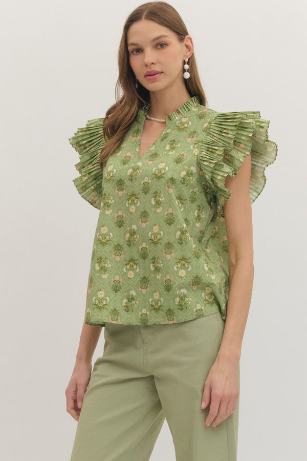 Botanical Pleated Flutter Sleeve Top | Matcha