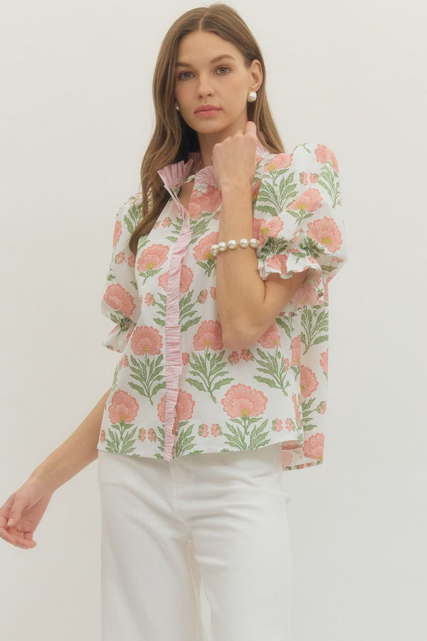 Floral Ruffle Accent Top | Ivory