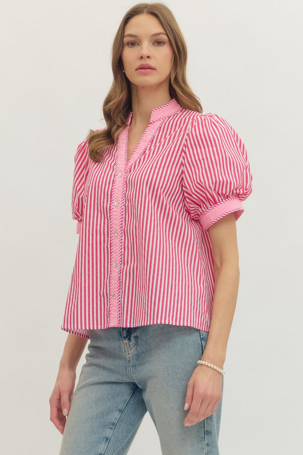 Striped Puff Sleeve Top | Hot Pink