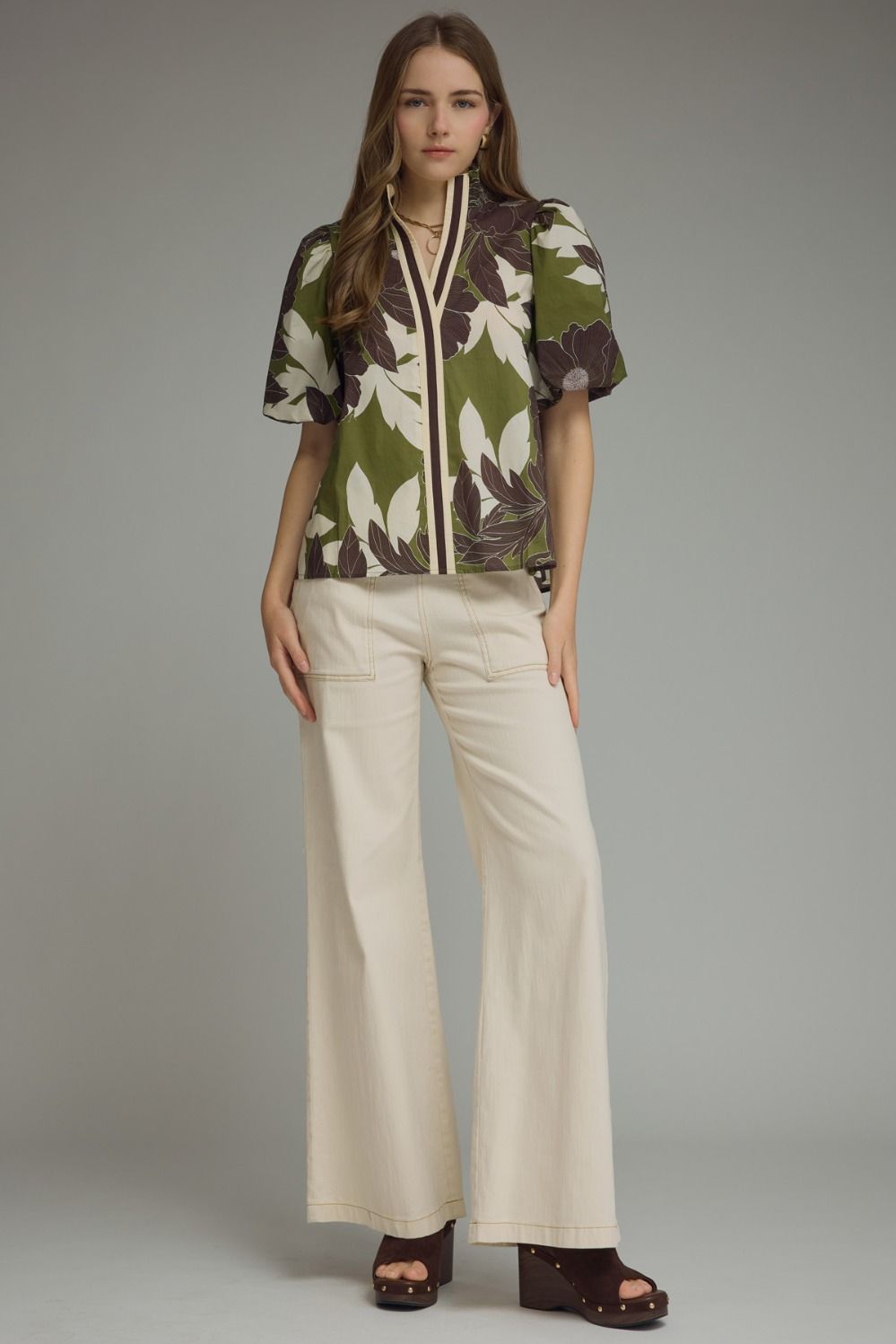 Floral Puff Sleeve Contrast Top | Olive