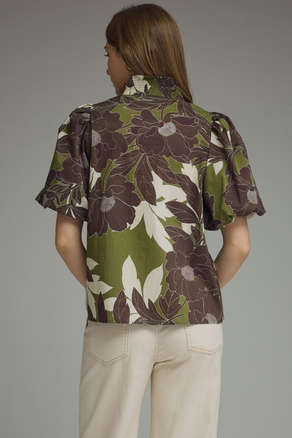 Floral Puff Sleeve Contrast Top | Olive