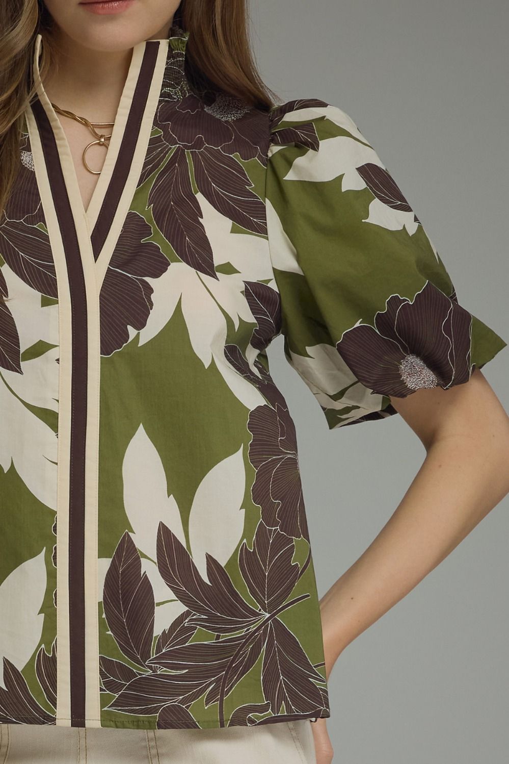 Floral Puff Sleeve Contrast Top | Olive
