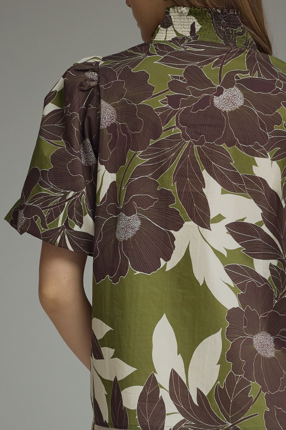 Floral Puff Sleeve Contrast Top | Olive