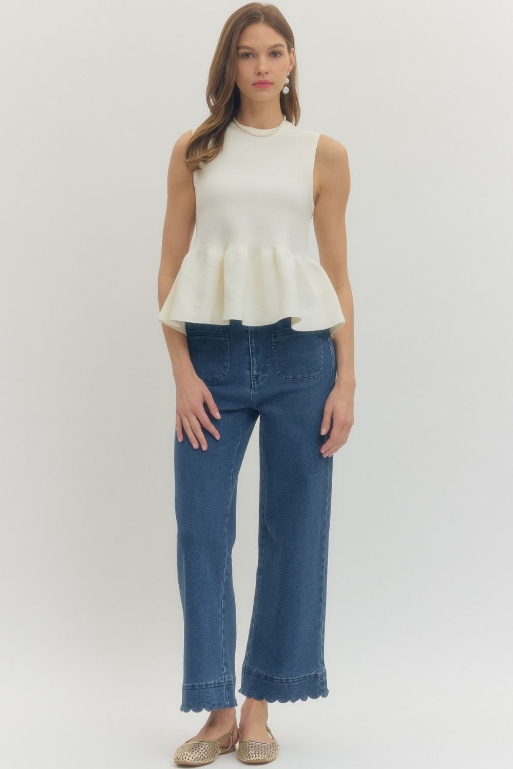 Ribbed Sleeveless Peplum Top | Ivory