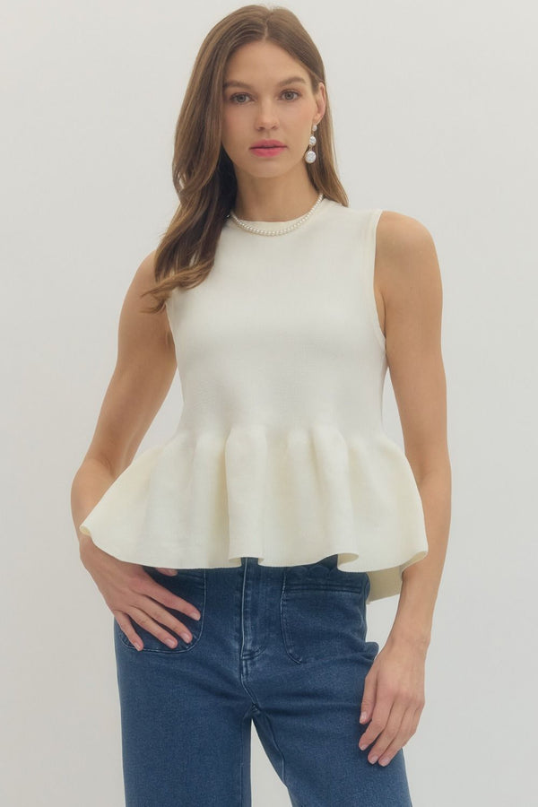 Ribbed Sleeveless Peplum Top | Ivory