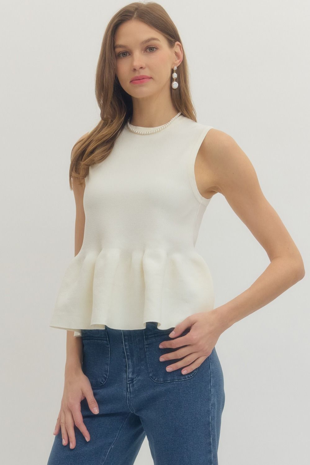 Ribbed Sleeveless Peplum Top | Ivory