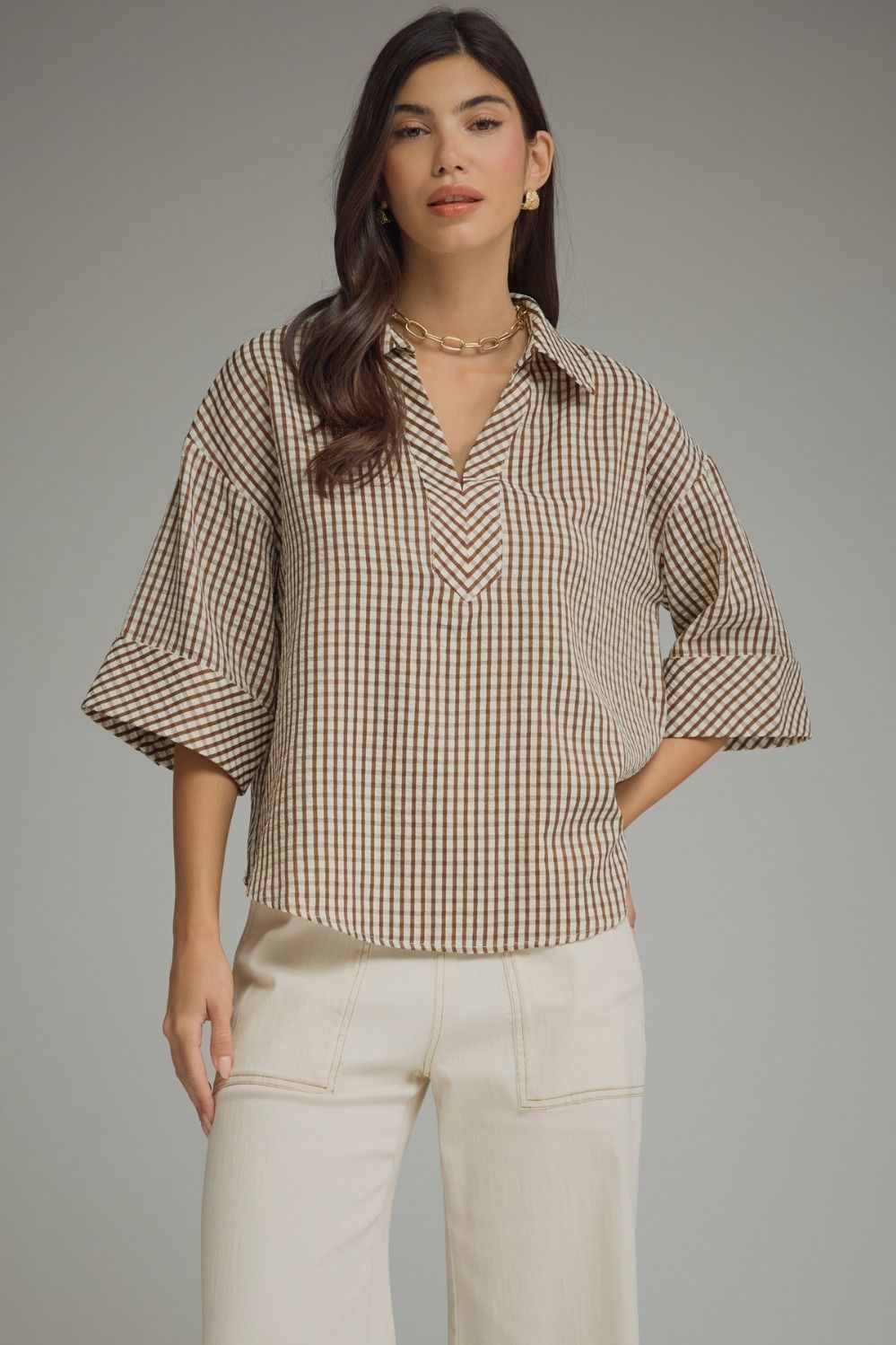 Gingham 3/4 Sleeve Collar Top | Brown