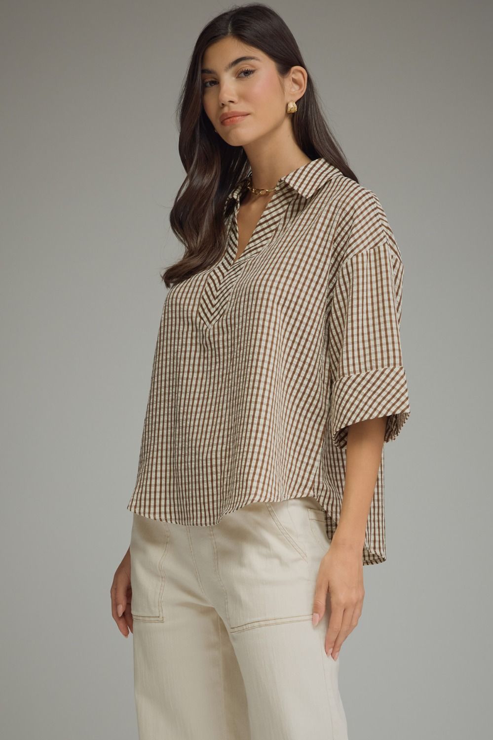Gingham 3/4 Sleeve Collar Top | Brown