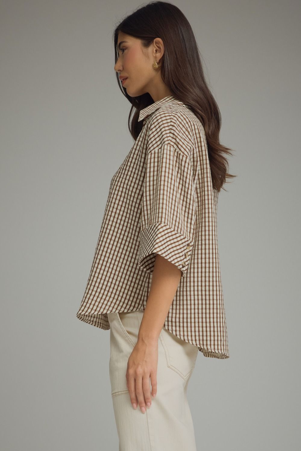 Gingham 3/4 Sleeve Collar Top | Brown