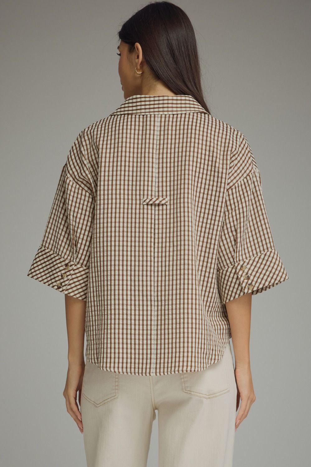 Gingham 3/4 Sleeve Collar Top | Brown