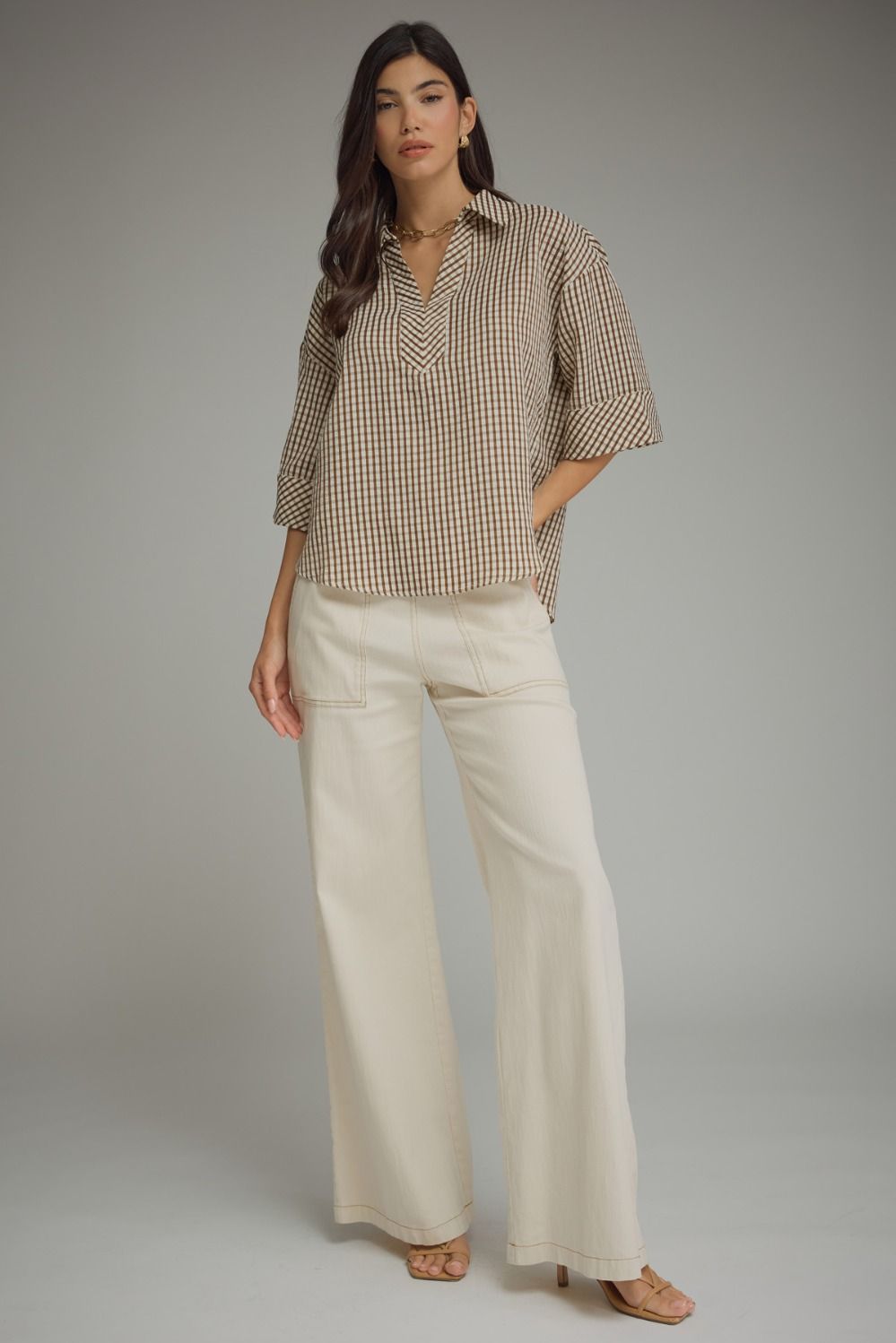 Gingham 3/4 Sleeve Collar Top | Brown