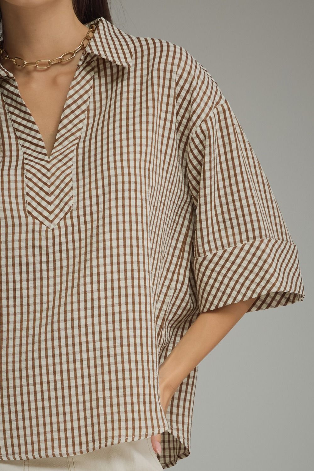 Gingham 3/4 Sleeve Collar Top | Brown