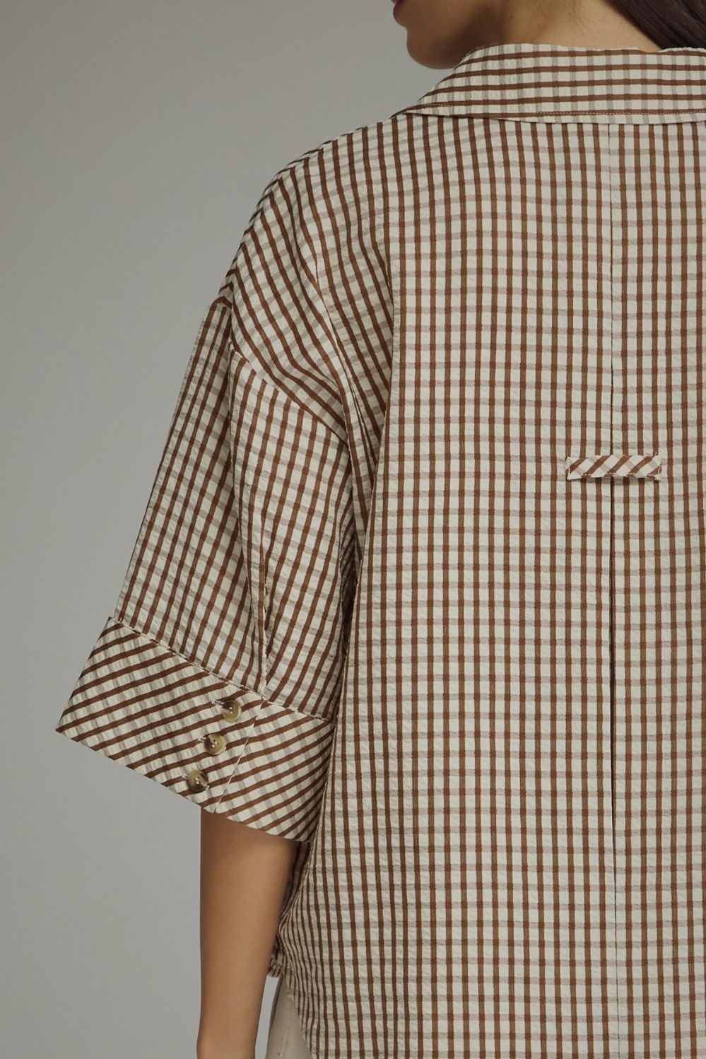 Gingham 3/4 Sleeve Collar Top | Brown