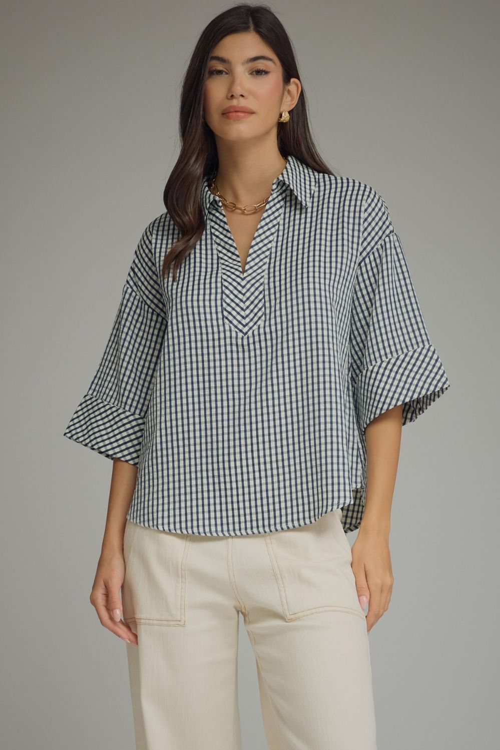 Gingham 3/4 Sleeve Collar Top | Navy