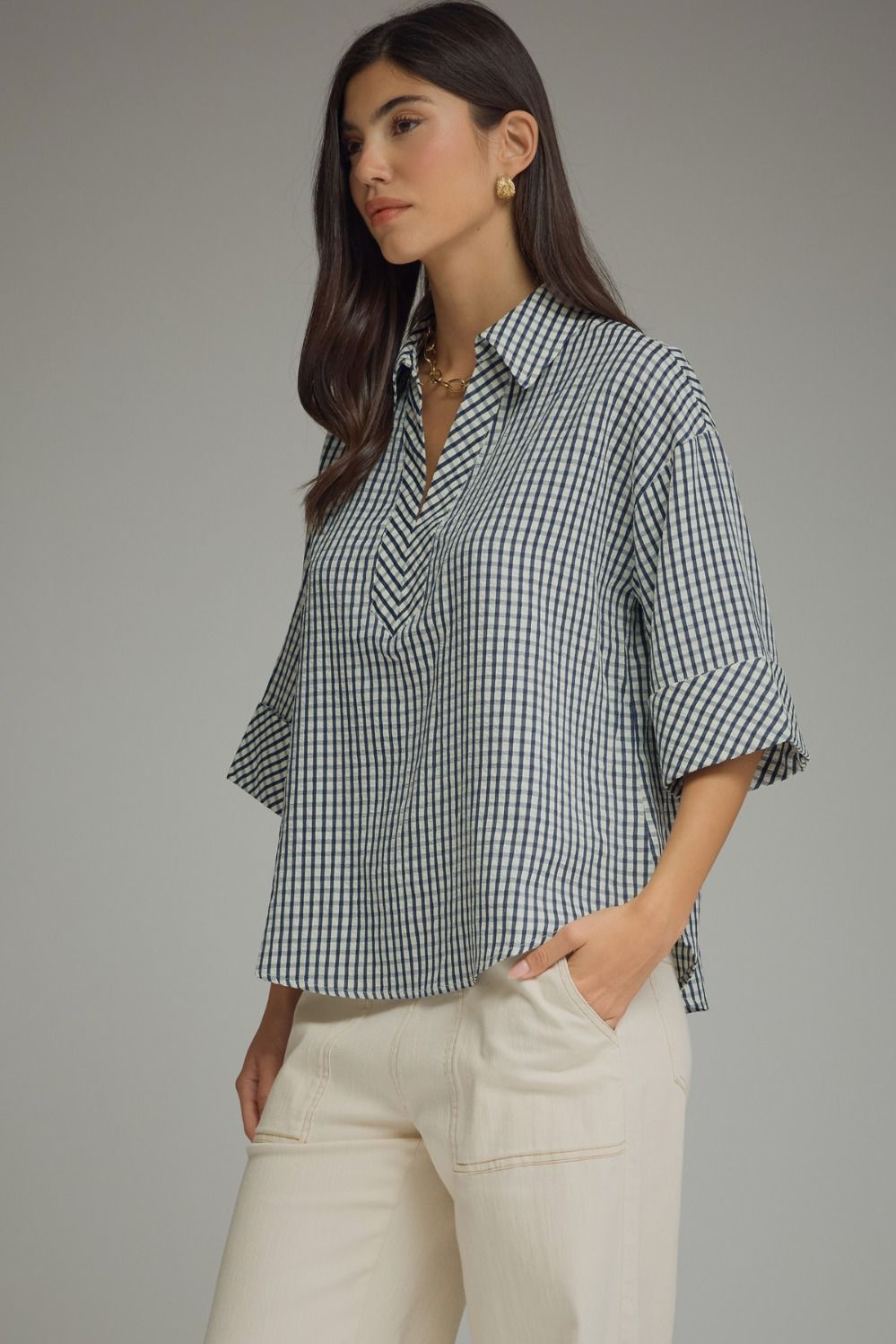 Gingham 3/4 Sleeve Collar Top | Navy