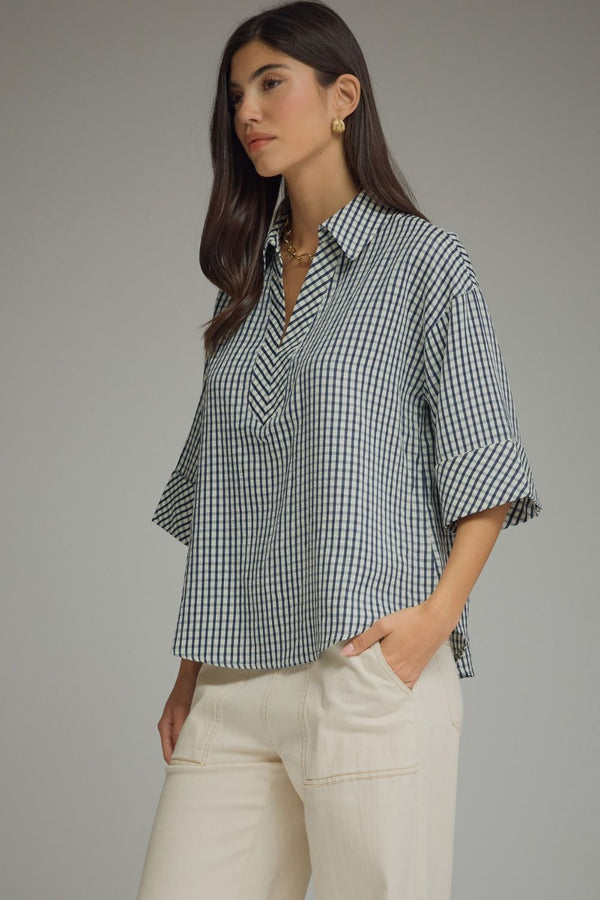 Gingham 3/4 Sleeve Collar Top | Navy