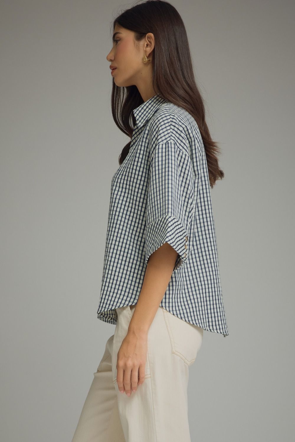 Gingham 3/4 Sleeve Collar Top | Navy