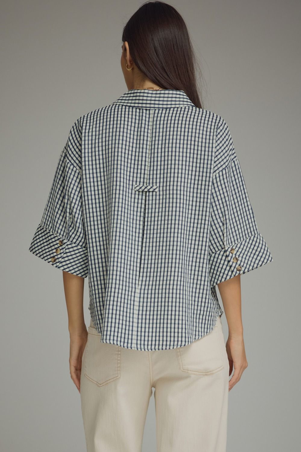 Gingham 3/4 Sleeve Collar Top | Navy