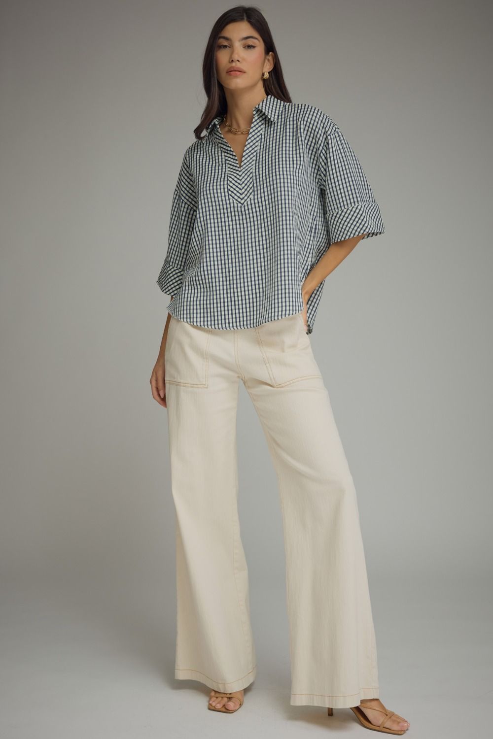 Gingham 3/4 Sleeve Collar Top | Navy
