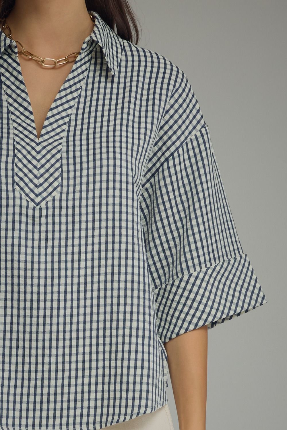 Gingham 3/4 Sleeve Collar Top | Navy