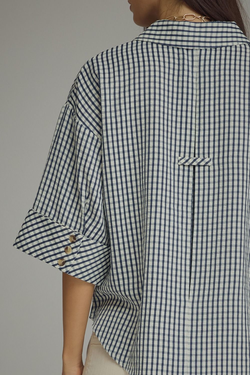 Gingham 3/4 Sleeve Collar Top | Navy