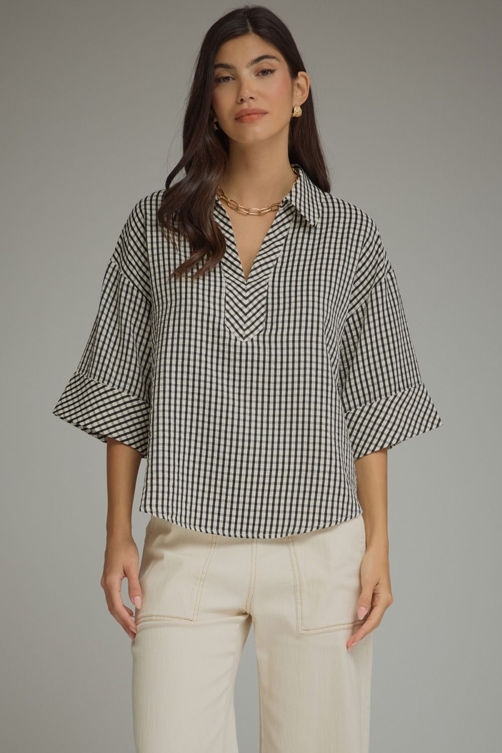 Gingham 3/4 Sleeve Collar Top | Black