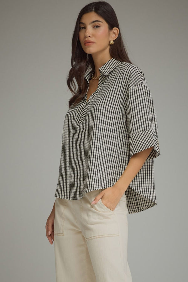 Gingham 3/4 Sleeve Collar Top | Black