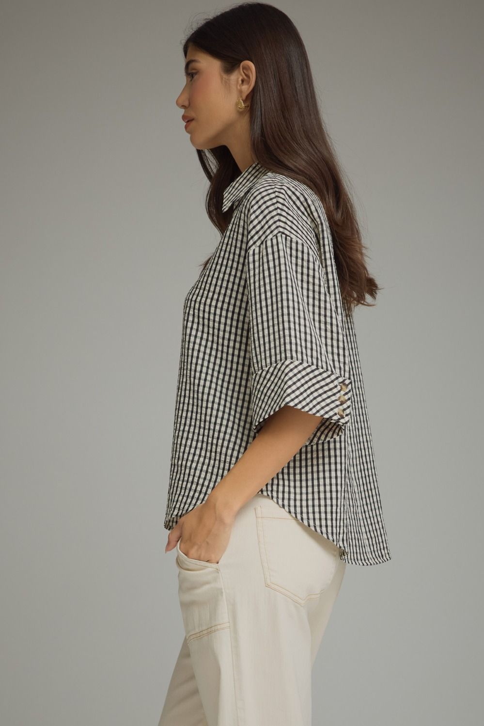 Gingham 3/4 Sleeve Collar Top | Black