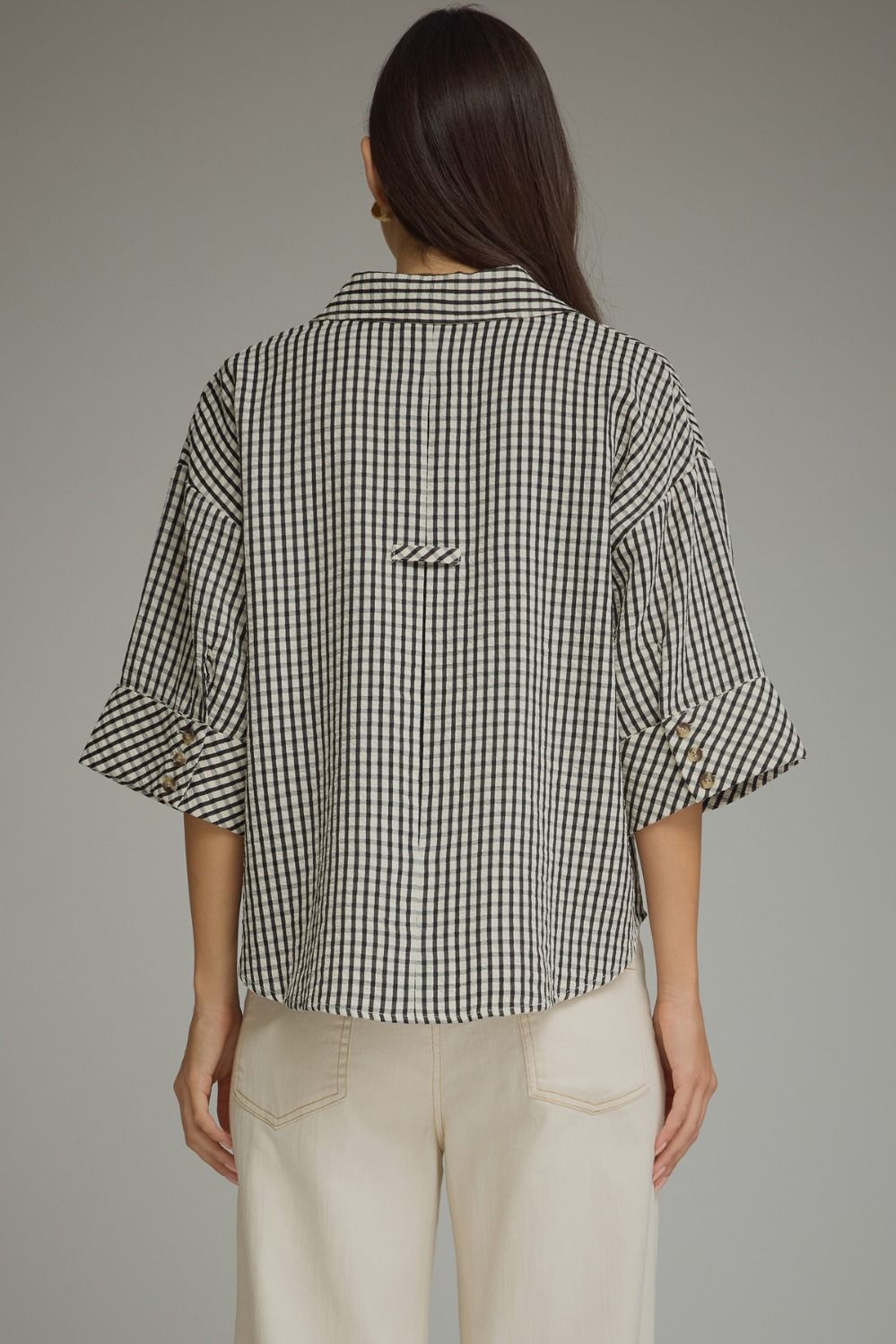 Gingham 3/4 Sleeve Collar Top | Black