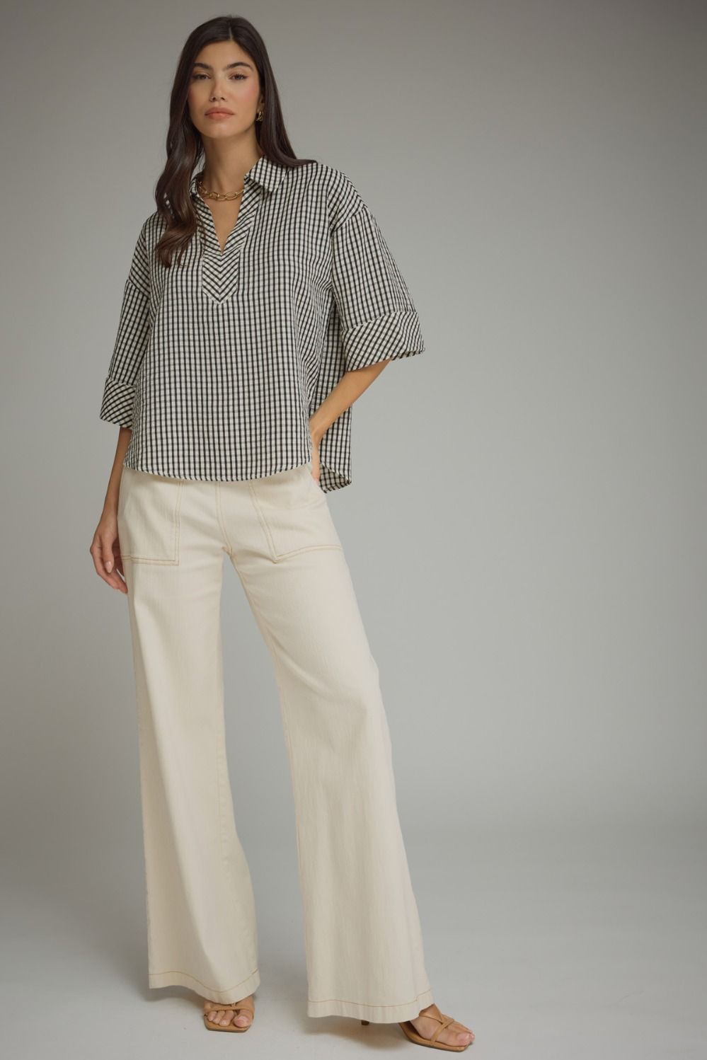 Gingham 3/4 Sleeve Collar Top | Black