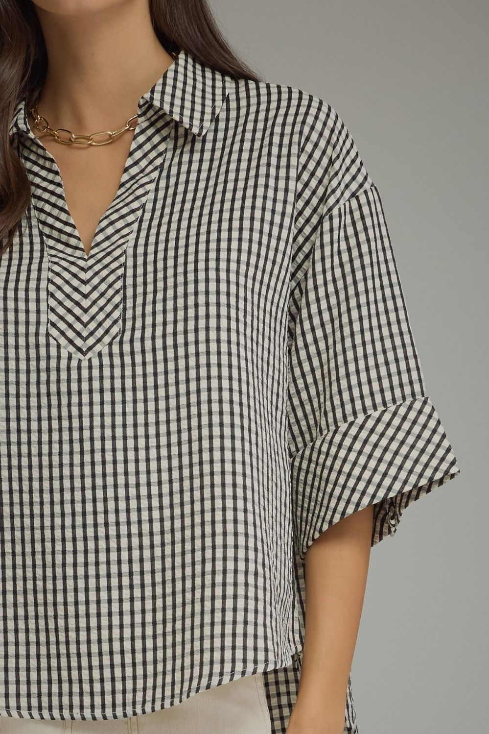 Gingham 3/4 Sleeve Collar Top | Black