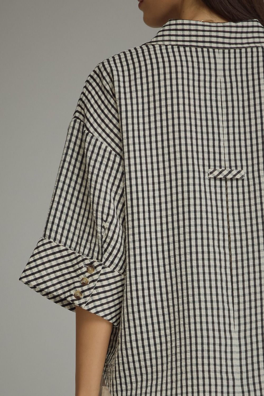 Gingham 3/4 Sleeve Collar Top | Black