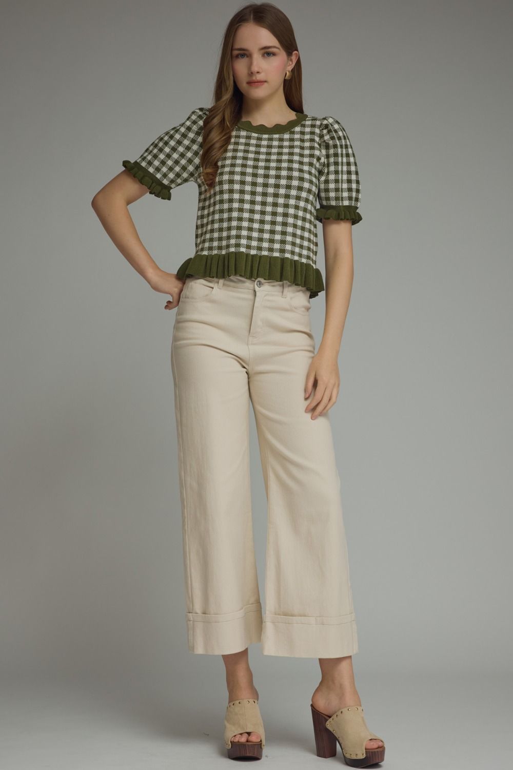 Gingham Ruffle Trim Puff Sleeve Top | Olive