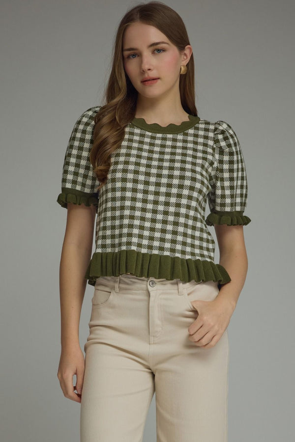 Gingham Ruffle Trim Puff Sleeve Top | Olive