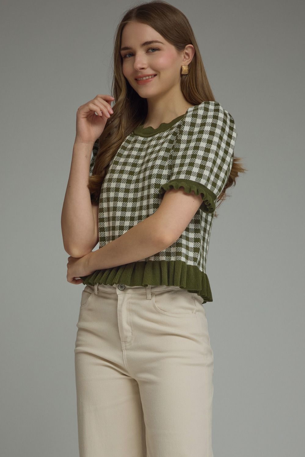 Gingham Ruffle Trim Puff Sleeve Top | Olive