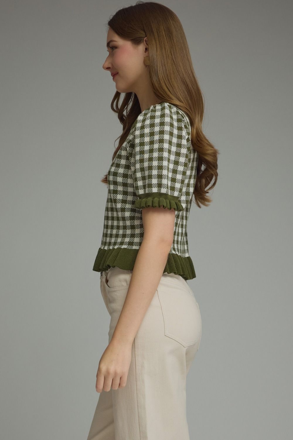 Gingham Ruffle Trim Puff Sleeve Top | Olive